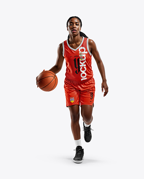 Afro-American Female Basketball Player Wearing Full Basketball Uniform Mockup - Women+S+Basketball+Jersey+Mockup+Front+View+In+Apparel+Mockups+On+Yellow+Images+Object+Mockups