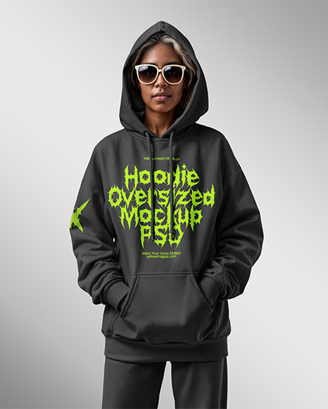 Black Woman Wearing Oversize Hoodie with Kangaroo Pocket & Sweatpants Mockup
