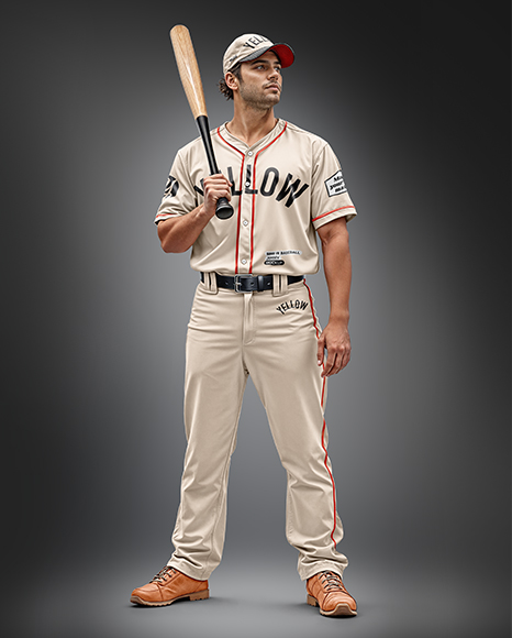 Man Wearing a Full Baseball Kit with Bat Mockup