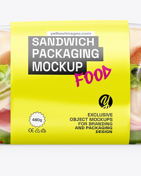 Clear Plastic Flow-Pack with Sandwich in Paper Sleeve Mockup