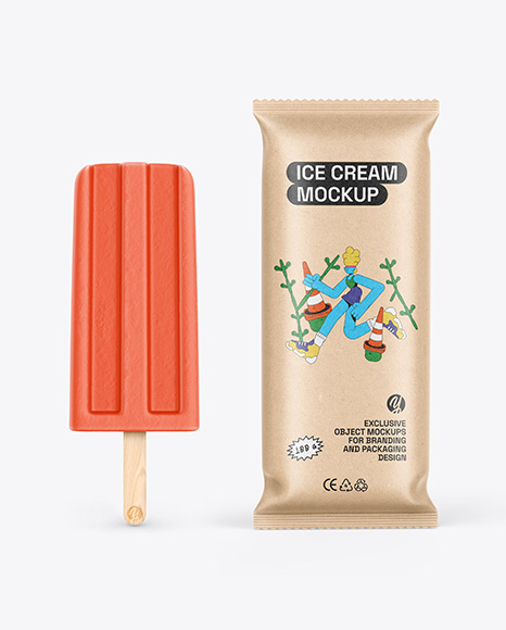 Kraft Flow Pack W Ice Cream Mockup - Ice+Cream+In+Glaze+W+Wooden+Stick+Mockup+In+Packaging+Mockups+On