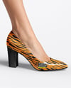 Block Heel Pumps on Woman's Legs Sitting on Stool Mockup