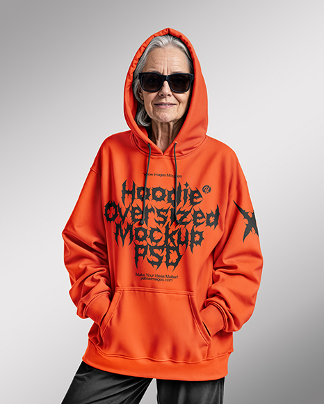 Smiling Old Woman Wearing Oversize Hoodie & Sweatpants Mockup