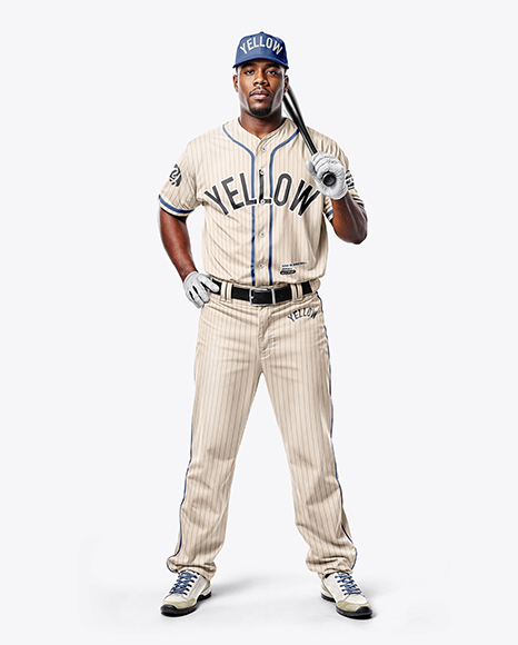 Black Man Wearing a Full Baseball Kit with Bat Mockup - Baseball jersey mockup