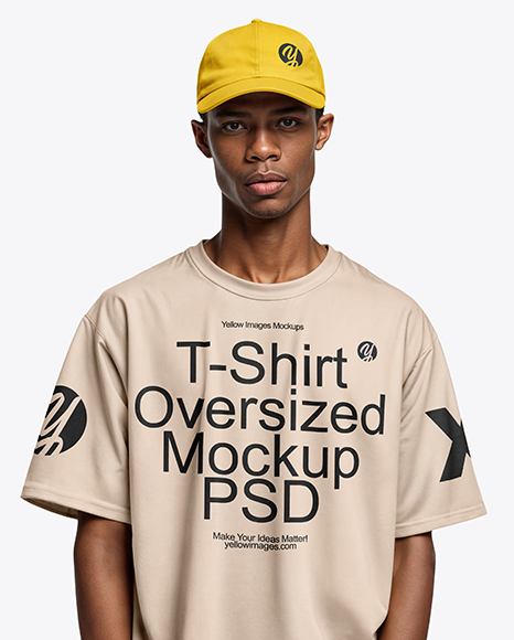 Black Man Wearing Oversized T-Shirt and Baseball Cap Mockup