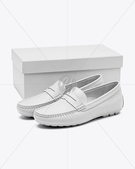 Pair of Women's Leather Moccasins with Shoe Box Mockup