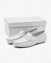 Pair of Women's Leather Moccasins with Shoe Box Mockup