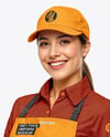 Female Fast Food Worker in Uniform with Paper Bag Mockup
