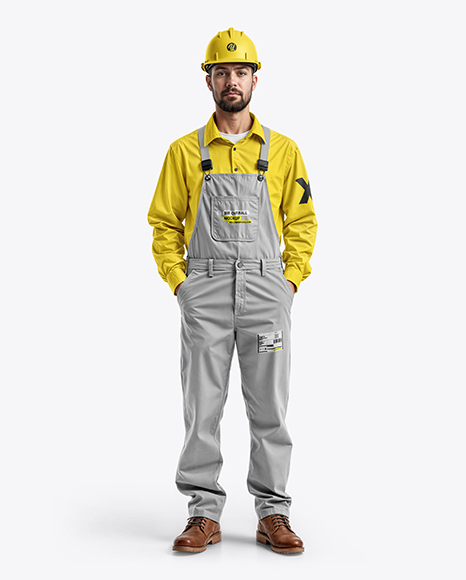 Builder Wearing Bib Overalls and Shirt Mockup - Construction helmet