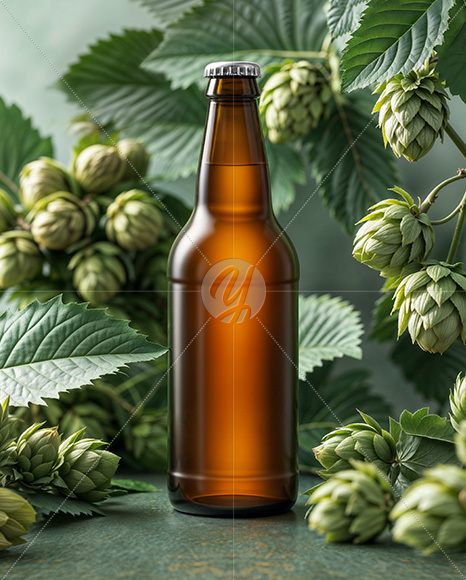 Beer Bottle Surrounded by Hops Branches Mockup