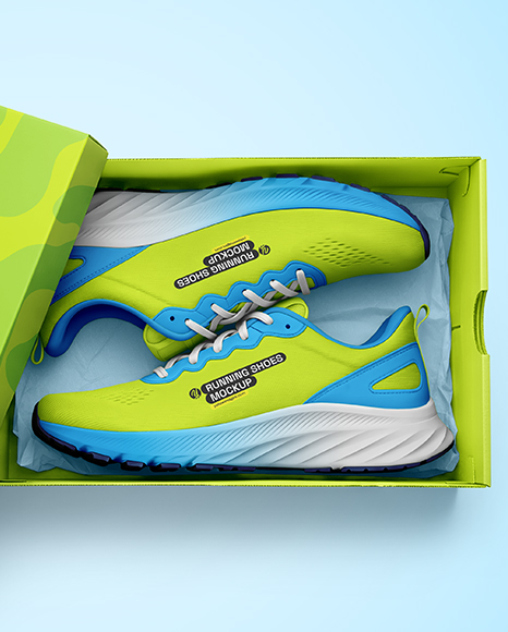 Pair of Running Shoes in Shoe Box Mockup