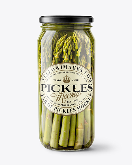 Clear Glass Jar with Pickled Asparagus Mockup - Glass+Jar+Of+Pickled+Cucumbers+Mockup+Set+In+Packaging+Mockups