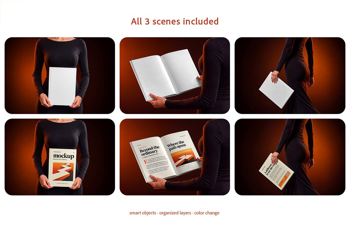 Woman Holding A4 Hardcover Book Mockup Set