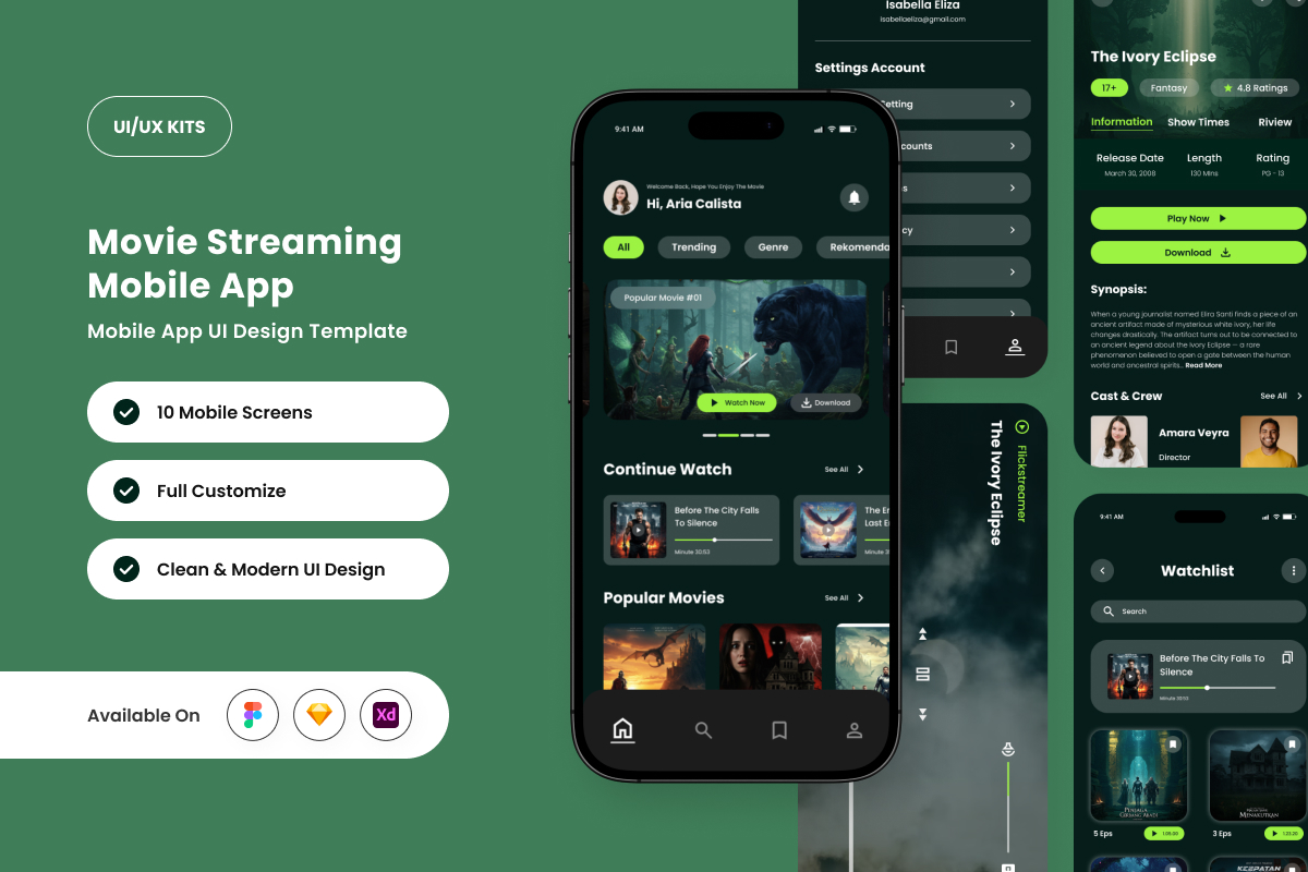 Flickstreamer – Movie Streaming Mobile App Design Template