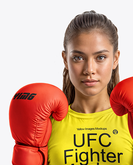 Female UFC Fighter Wearing T-Shirt & Shorts Mockup
