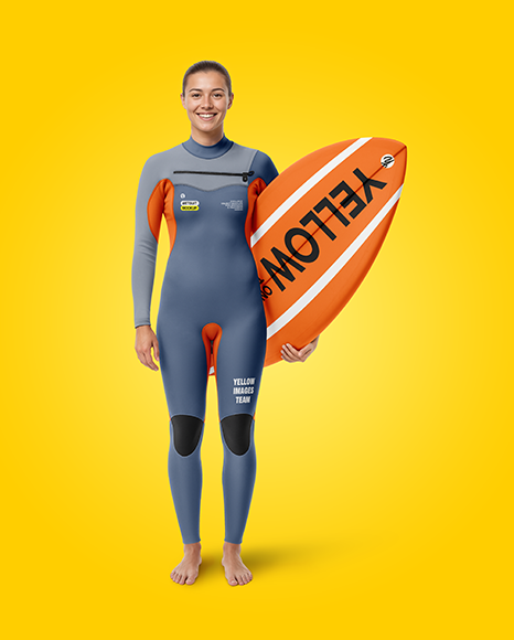 Female Surfer in a Wetsuit with a Shortboard Mockup