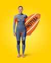 Female Surfer in a Wetsuit with a Shortboard Mockup