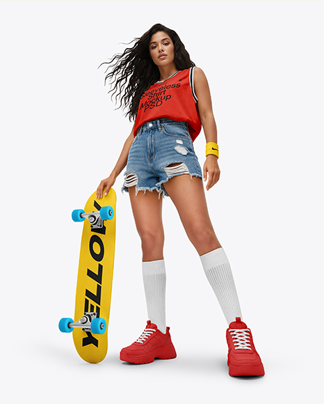 Woman Wearing Sleeveless Shirt and Jean Shorts with Skateboard Mockup - Jeans mockup