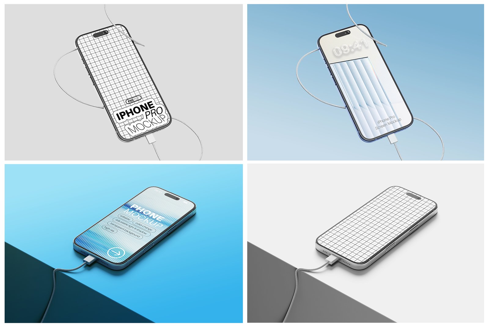 iPhone Pro with Charging Cable Mockup Set