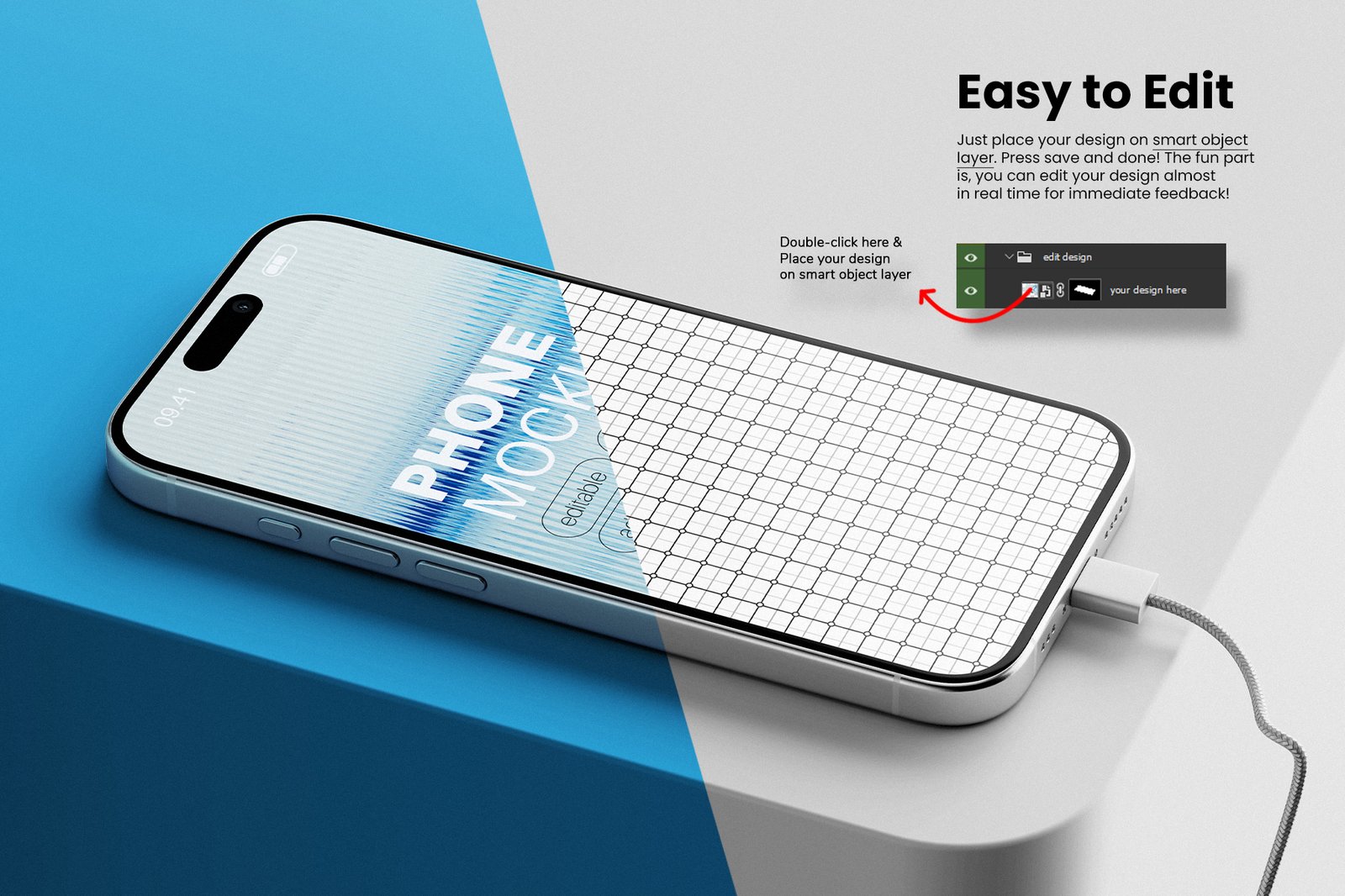 iPhone Pro with Charging Cable Mockup Set