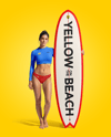 Woman Wearing Long Sleeve Rashguard and Bikini Bottom Holding Surfboard Mockup