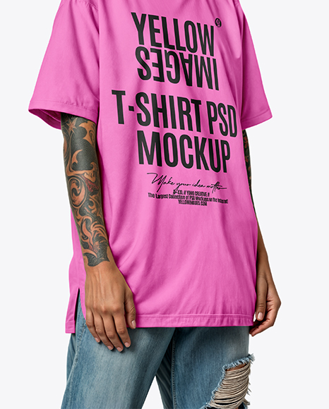 Woman with Mohawk & Tattoo Wearing T-shirt and Ripped Jeans Mockup