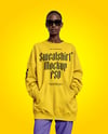Afro-American Woman in Sunglasses Wearing Oversize Sweatshirt & Sweatpants Mockup