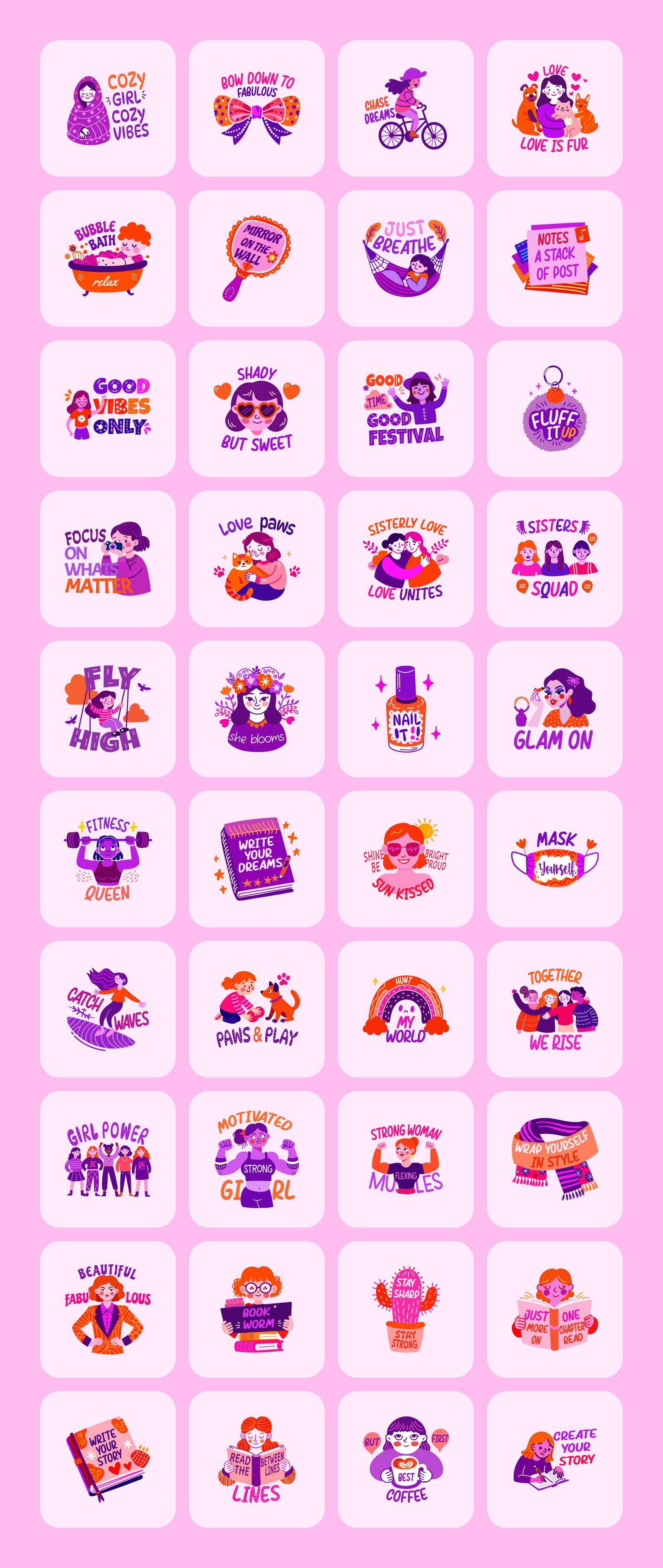 Flat Cute Girly Stickers Set