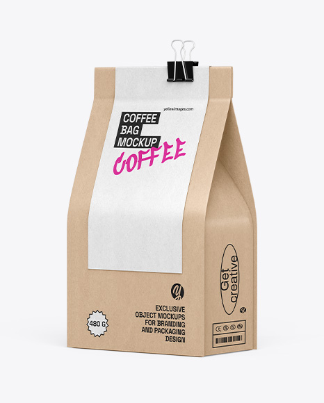 Kraft Coffee Bag with Clip Mockup – Half Side View - Product package mockup