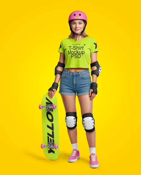 Young Woman in Protective Gear with Skateboard Mockup