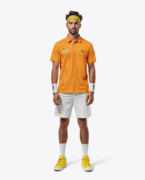 Bearded Man Wearing Full Tennis Kit Mockup - Mesh shorts mockup