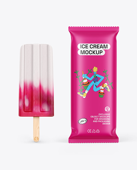 Matte Flow Pack W Ice Cream Mockup - Ice+Cream+In+Glaze+W+Wooden+Stick+Mockup+In+Packaging+Mockups+On