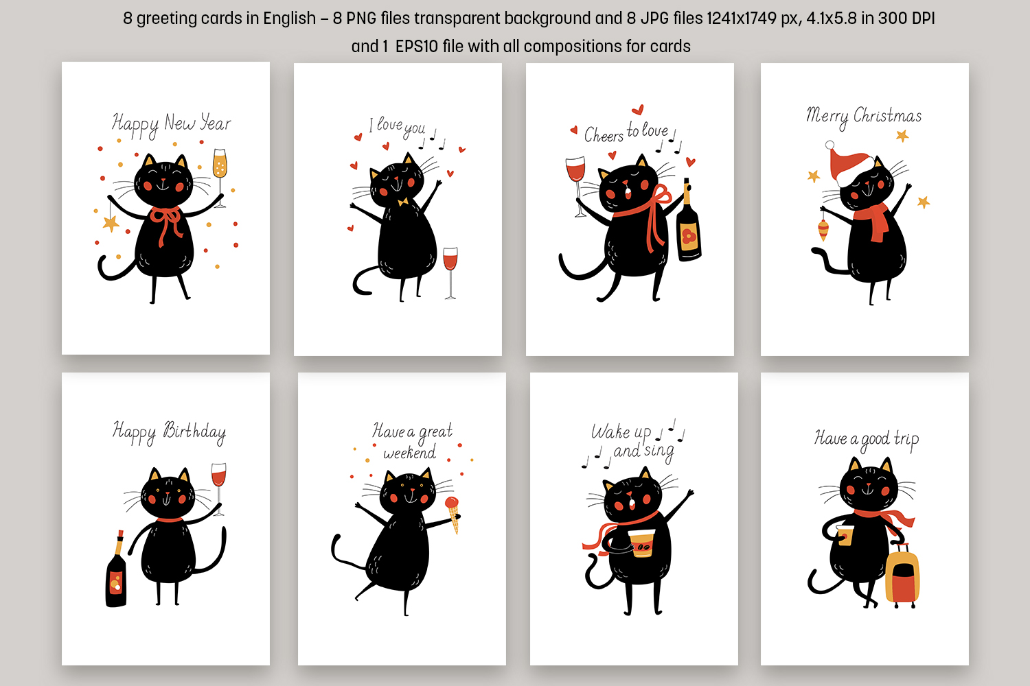 Adorable Greetings: Black CAT Edition Clipart and Seamless Patterns