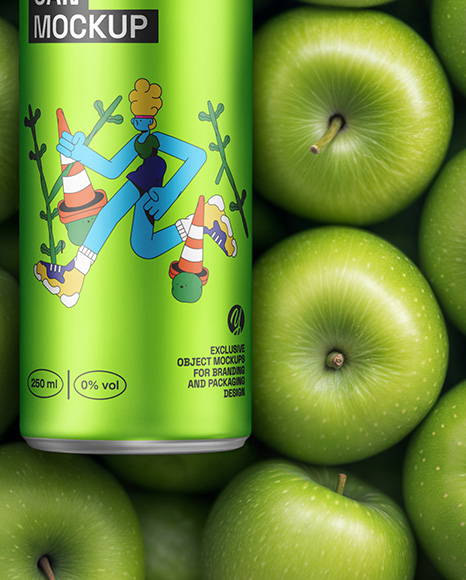 8.5oz Slim Drink Can on a Stack of Green Apples Mockup