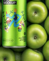8.5oz Slim Drink Can on a Stack of Green Apples Mockup