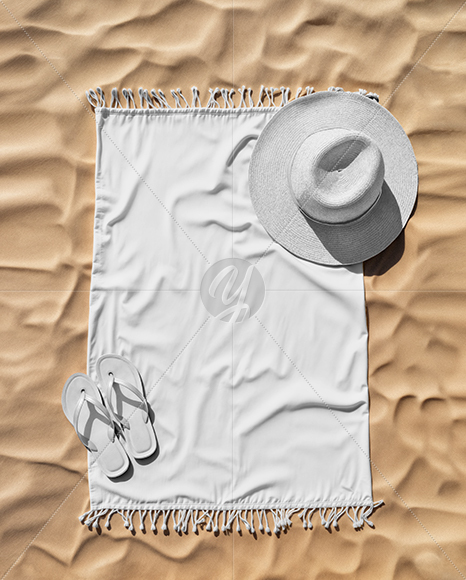 Beach Towel with Straw Hat and Flip-Flops Mockup