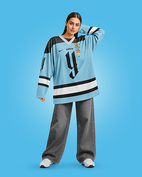 Woman Wearing Ice Hockey Jersey Mockup