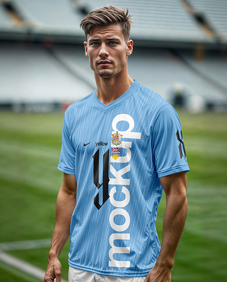 Soccer Player Wearing a Jersey and Shorts at the Stadium Mockup