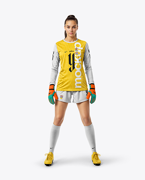 Female Soccer Goalkeeper Wearing Long Sleeve Jersey and Shorts Mockup - Crew neck mockup