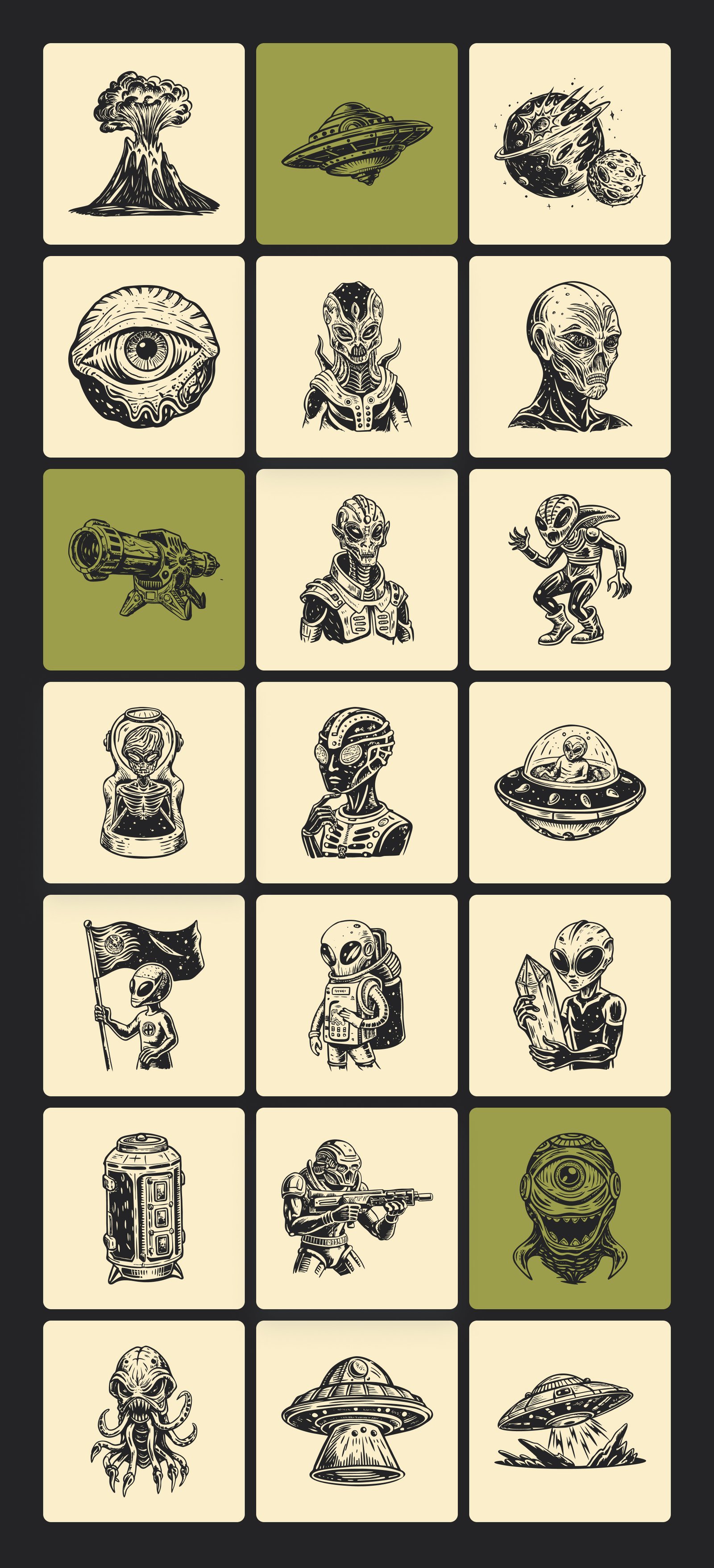 Vintage Alien Illustration Set