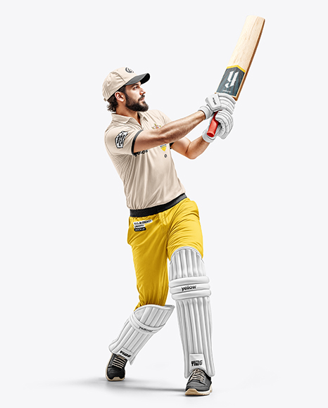 Man Wearing Full Cricket Kit with Bat Mockup - Mens+Baseball+Jersey+Mockup+HalfsideView+Download+...