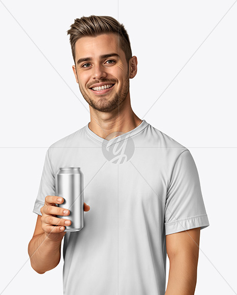 Man Wearing a T-shirt Holding 16oz Drink Can Mockup