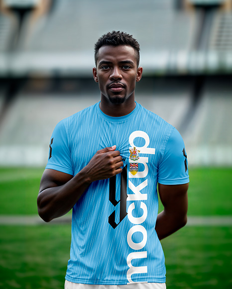 Soccer Player Wearing a Crew Neck Jersey and Shorts at the Stadium Mockup
