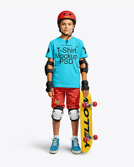 Boy in Protective Gear with Skateboard Mockup - Kit mockup psd