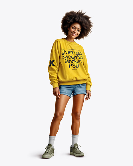 Black Woman Wearing an Oversize Sweatshirt and Shorts Mockup - Blank sweatshirt mockup