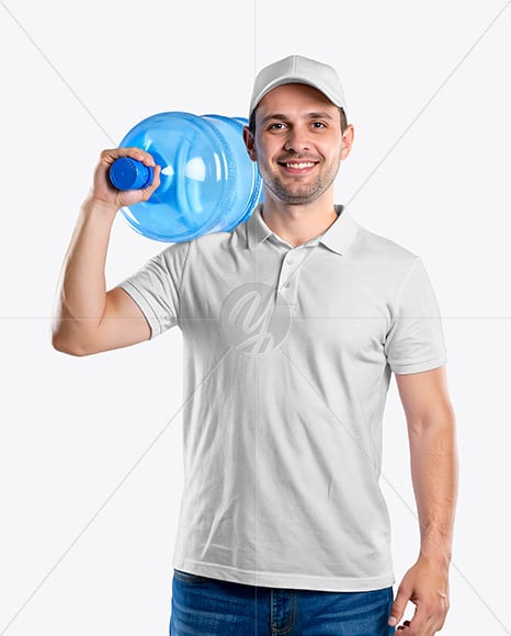 Delivery Man Wearing Polo Shirt and Baseball Cap Holding 5L Water Bottle Mockup