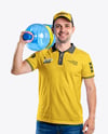 Delivery Man Wearing Polo Shirt and Baseball Cap Holding 5L Water Bottle Mockup