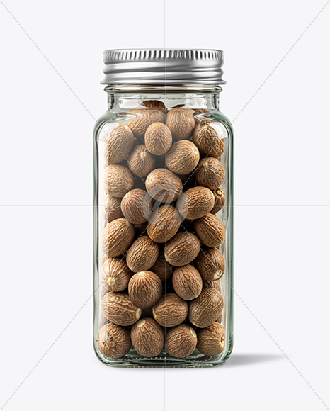 Square Glass Jar with Whole Nutmeg Mockup