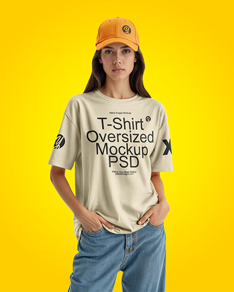 Young Woman Wearing T-Shirt and Baseball Cap Mockup