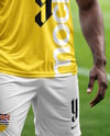 Soccer Player Wearing a Crew Neck Jersey and Shorts at the Stadium Mockup